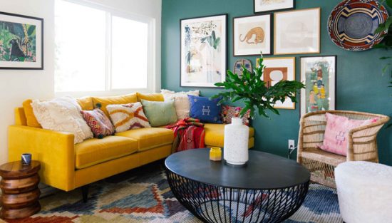 deco salon bleu canard jaune