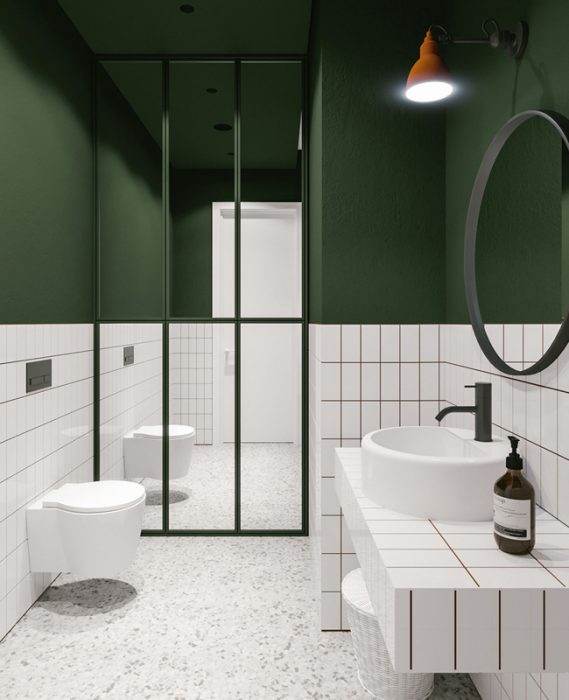 salle de bain moderne vert kaki blanc