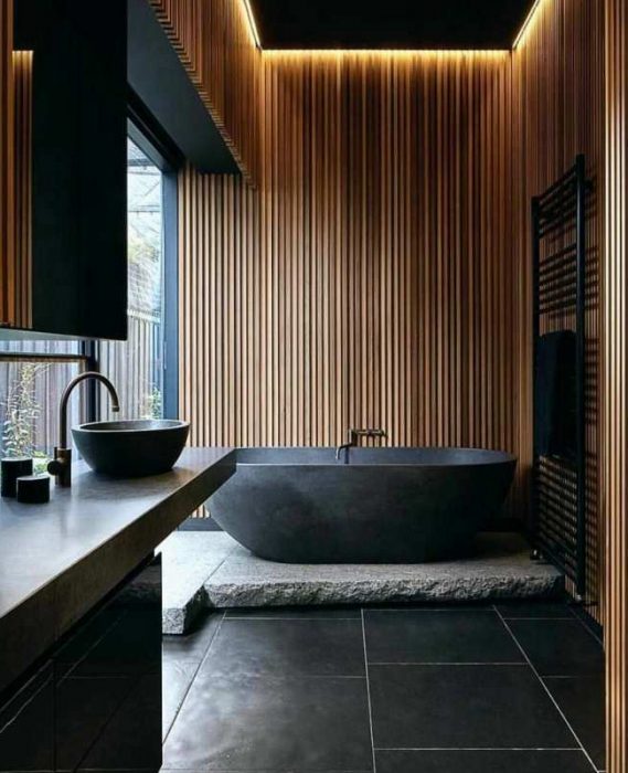 deco salle de bain moderne zen noir bois