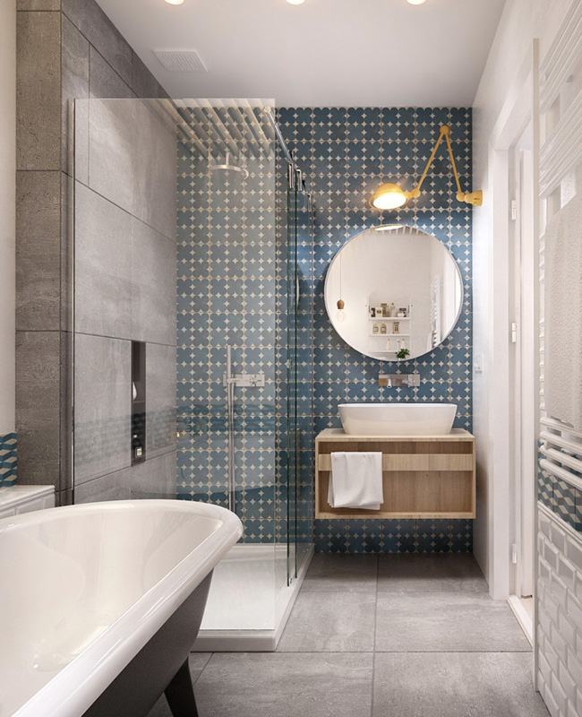 carreaux de ciment bleu mur salle de bain