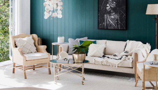 deco salon bleu canard beige