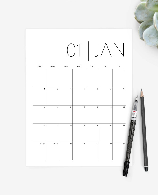 calendrier 2022 a imprimer printable minimaliste noir blanc