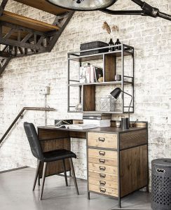 Bureau Métallique Industriel Vintage - 115x50x70 Cm - 2 Tiroirs + Poubelle - Gris