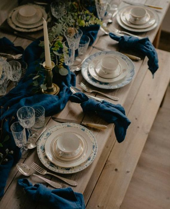 deco table noel campagne chic bleu or