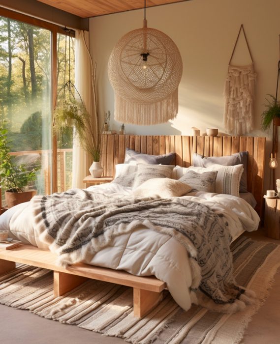 deco chambre naturelle boheme tete de lit bois