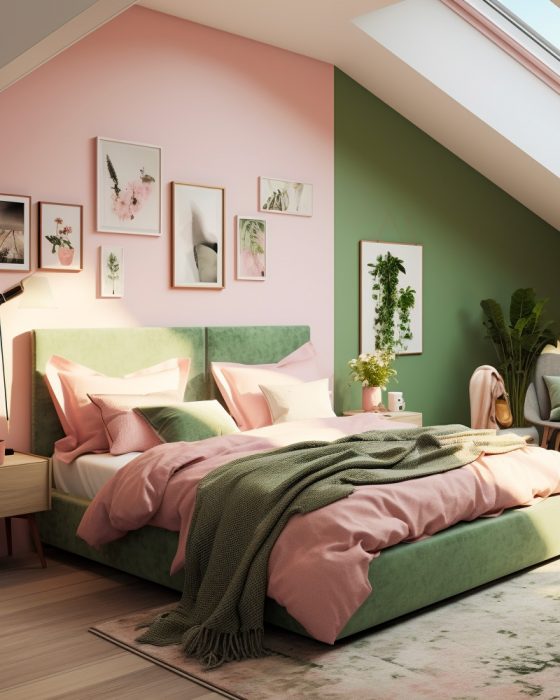 deco rose vert moderne chambre