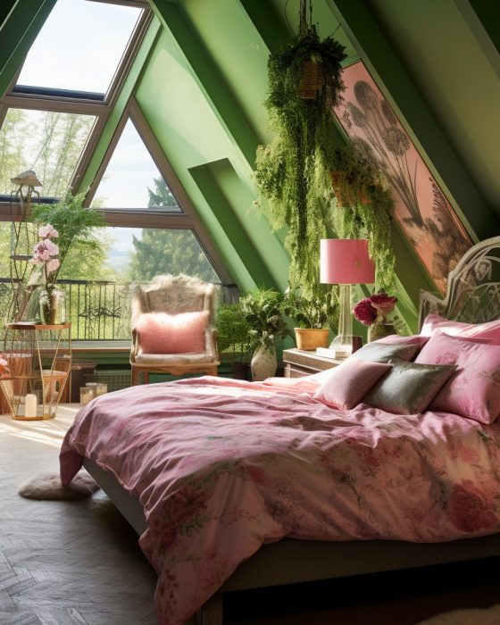 deco chambre sous toit rose vert