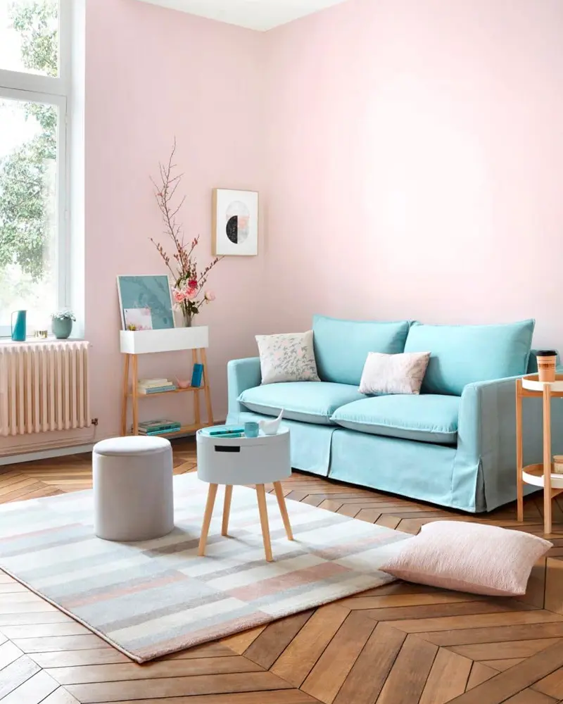 deco salon scandinave bleu rose gris