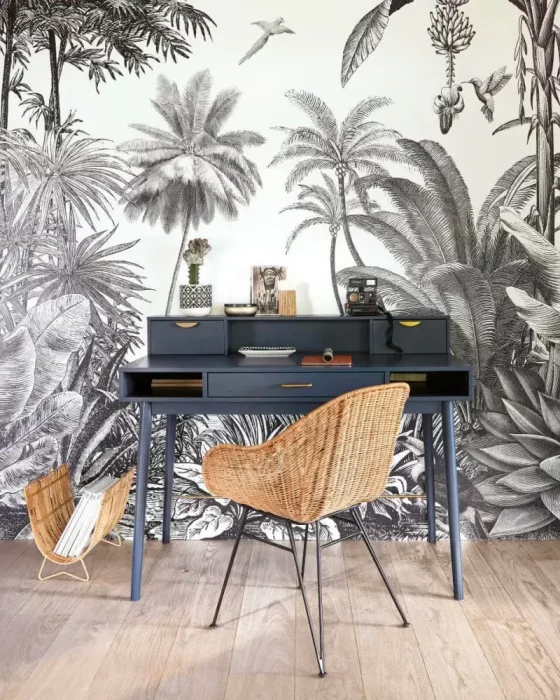 deco bureau papier peint tropical gris