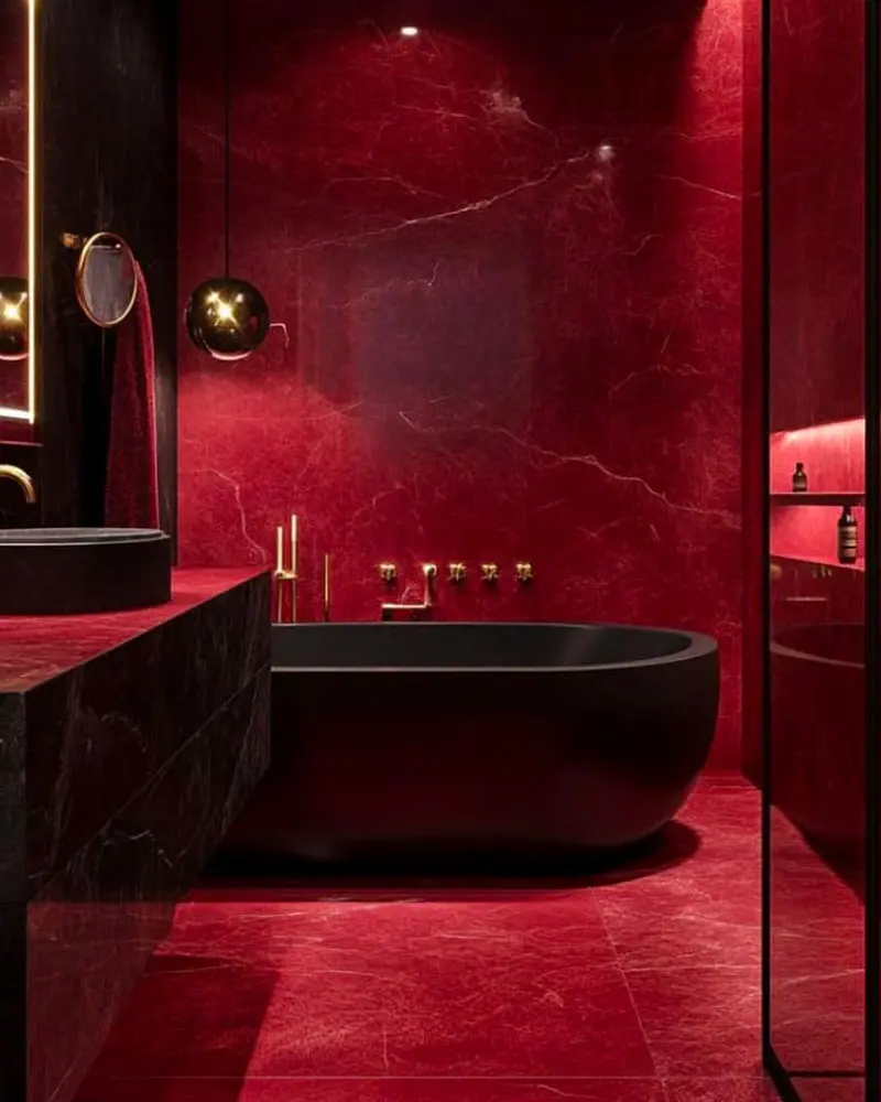 deco salle de bain noir rouge moderne