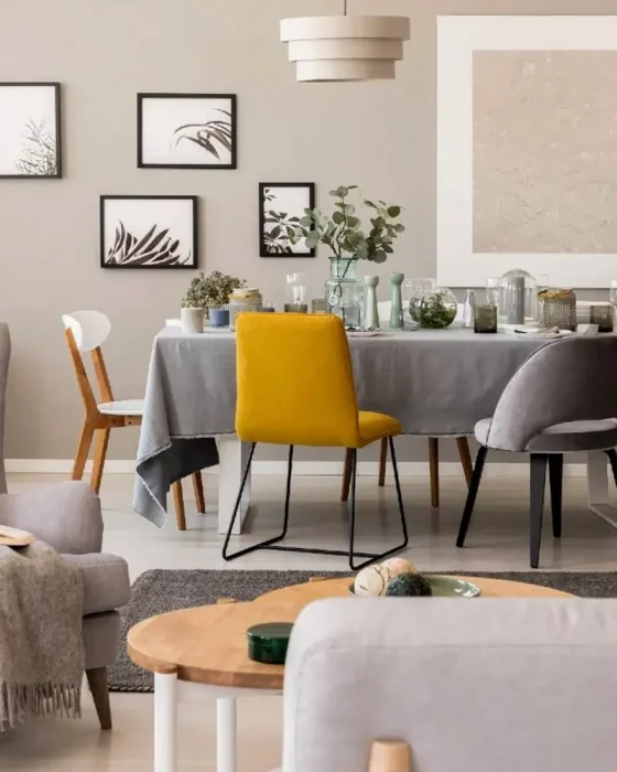 deco salle a manger chic jaune gris beige