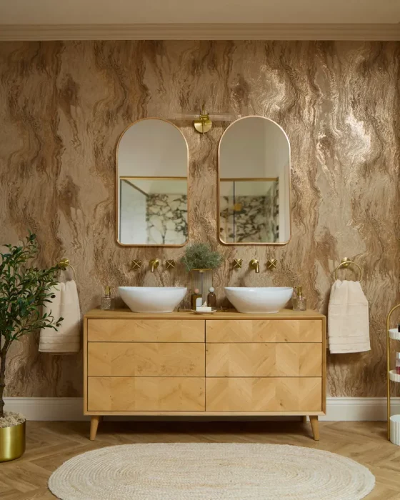 papier peint marbre dore deco salle de bain