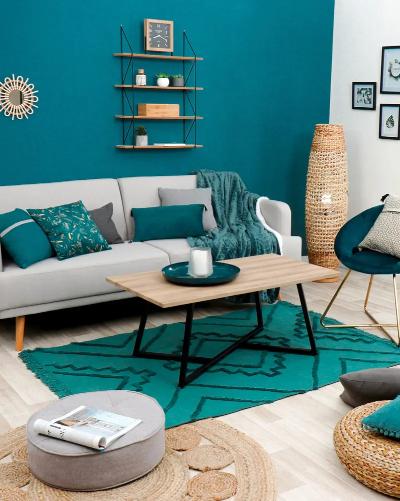 deco salon moderne bleu canard gris
