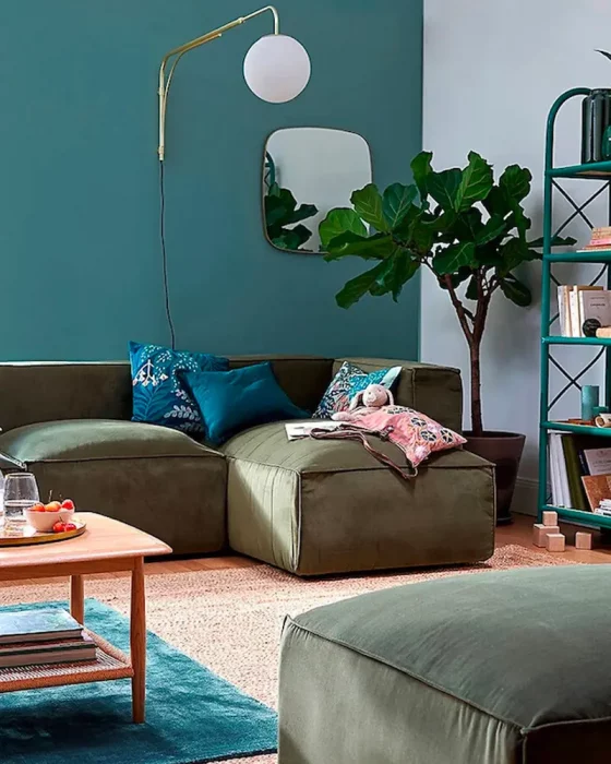deco salon moderne vert kaki bleu