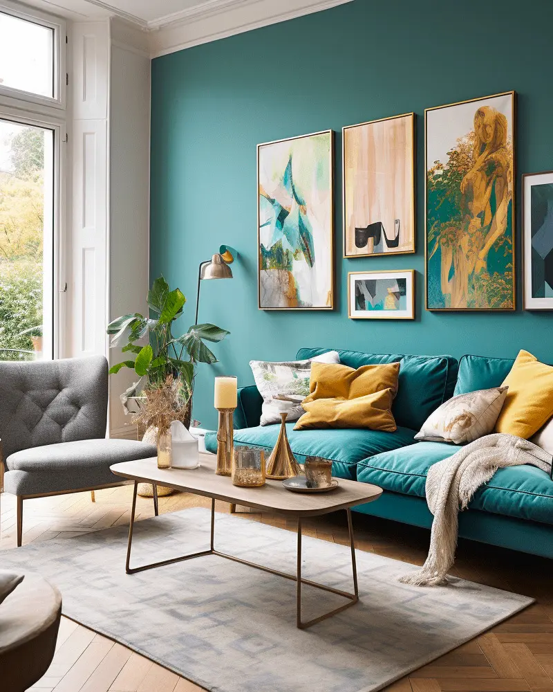 deco salon bleu canard gris jaune