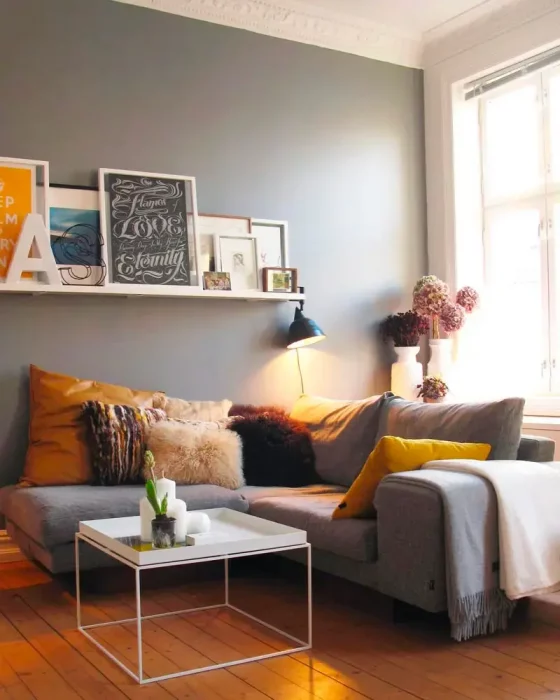 deco salon moderne jaune moutarde gris