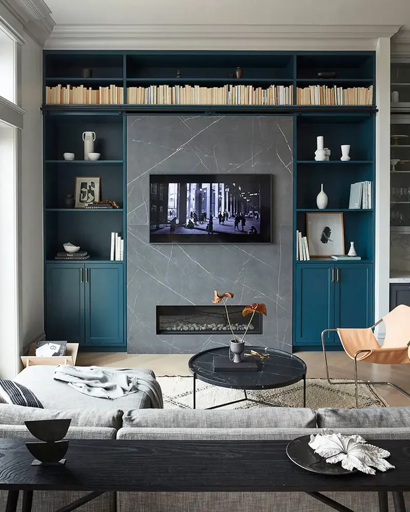 deco salon chic bleu canard gris