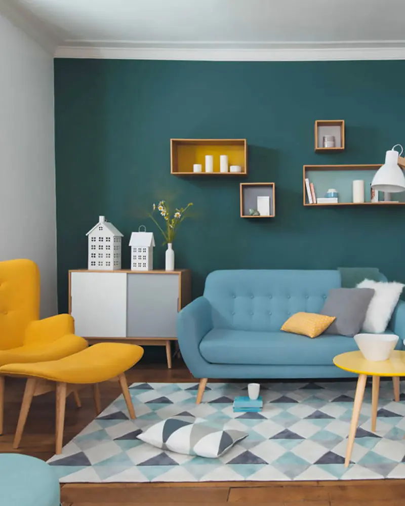 deco salon scandinave jaune bleu