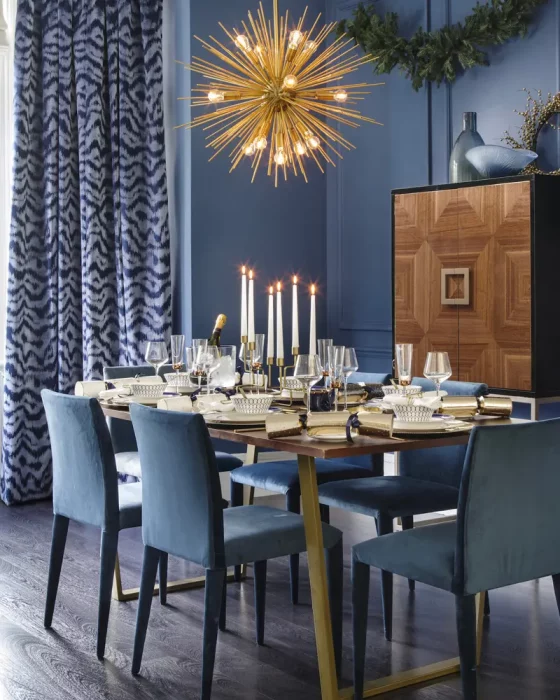 deco salle a manger chic bleu dore