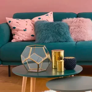 deco salon bleu canard rose