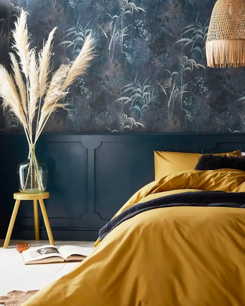 deco chambre boheme chic bleu nuit jaune