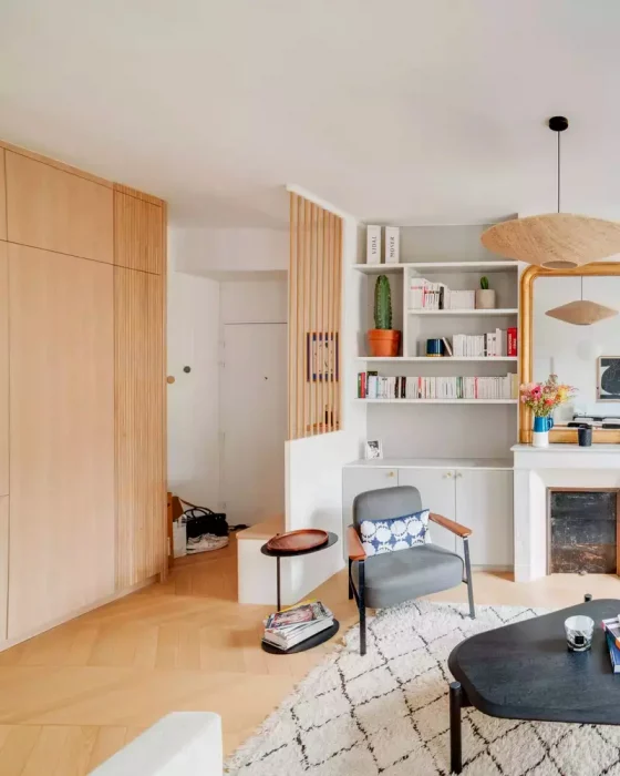 deco entree ouverte sur salon tasseaux bois