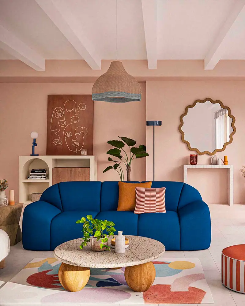 deco salon bleu canard rose moderne