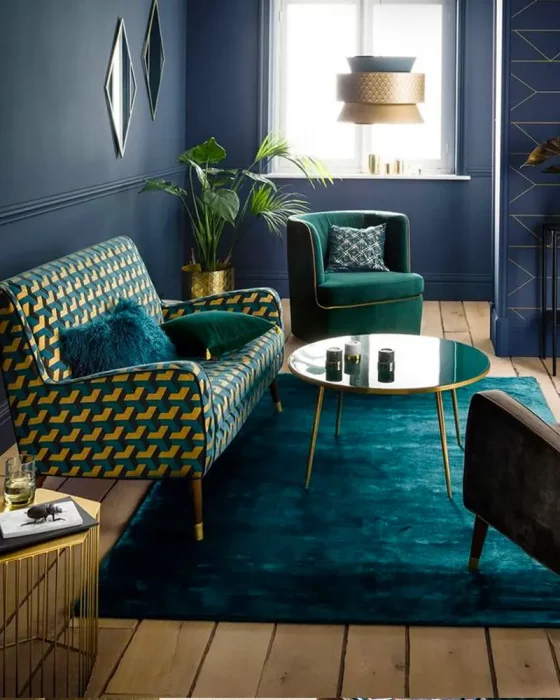 deco salon chic bleu canard dore