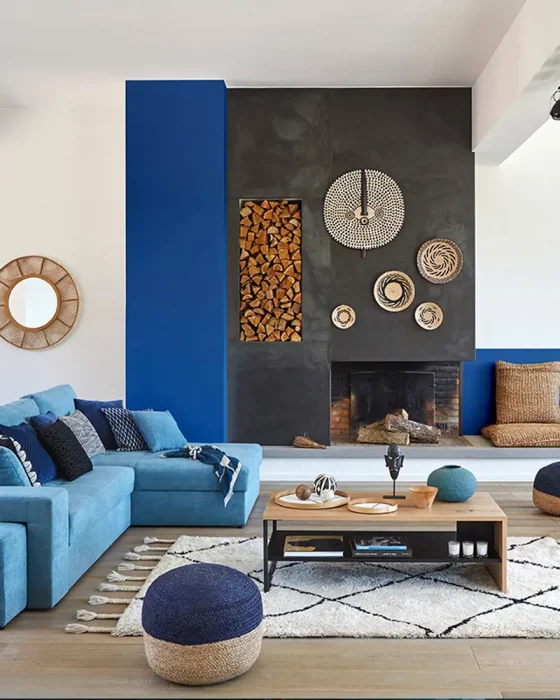 deco salon moderne bleu bois