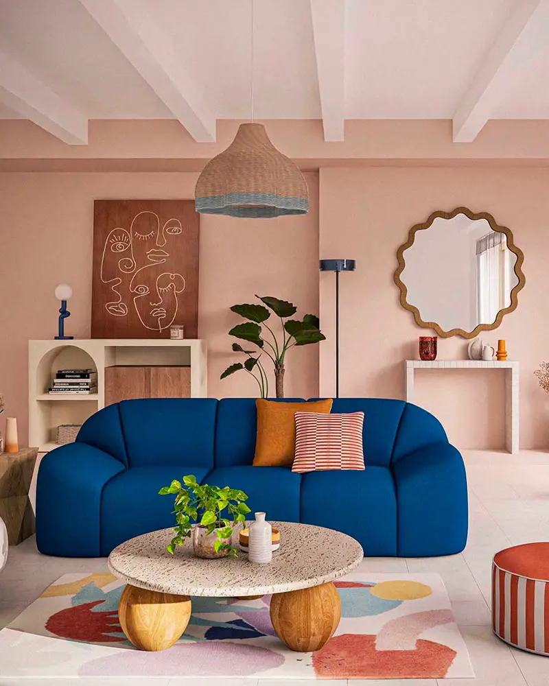 deco salon moderne bleu canard rose