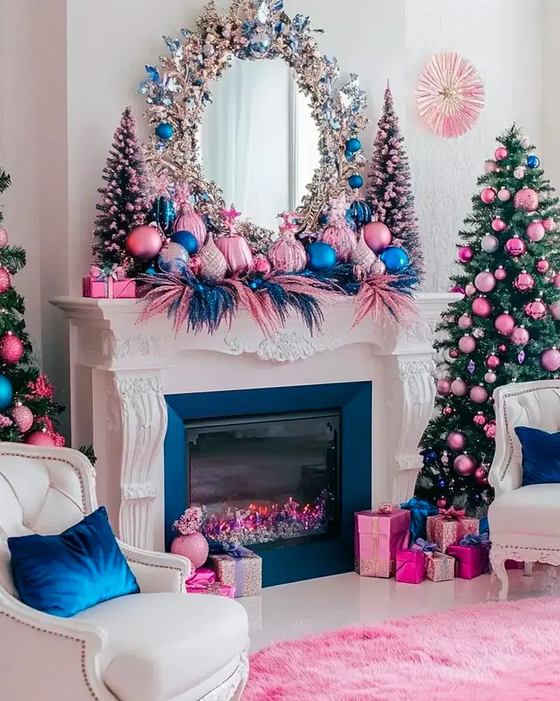 deco sapin noel moderne rose bleu