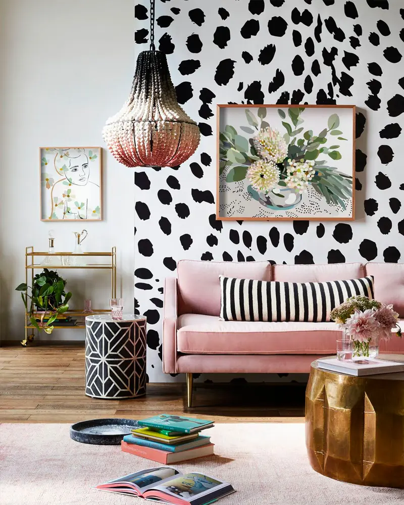 deco salon noir blanc rose