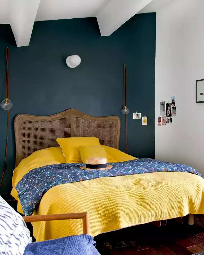 deco chambre campagne bleu nuit jaune