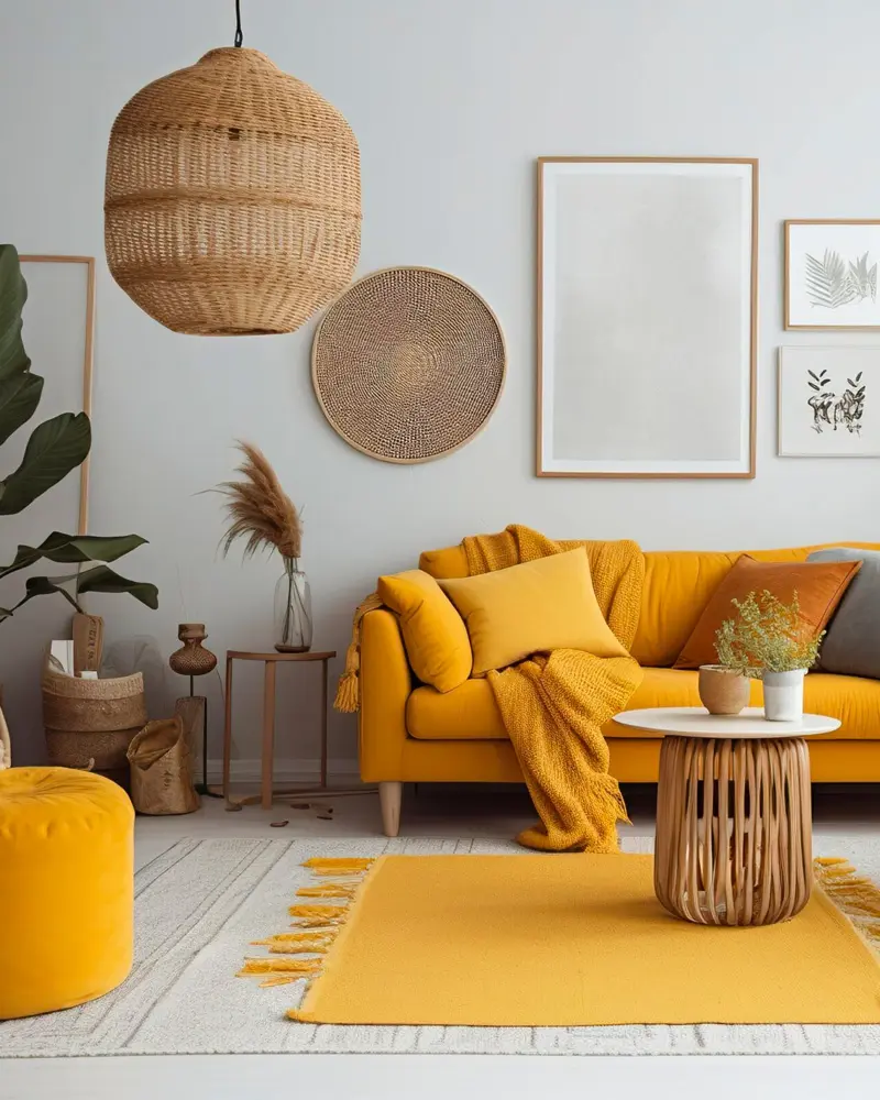 deco salon blanc canapé jaune