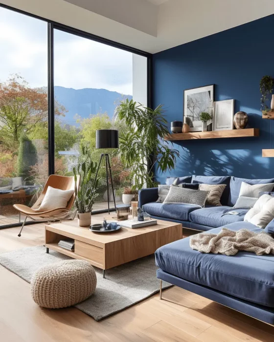 deco salon bleu bois