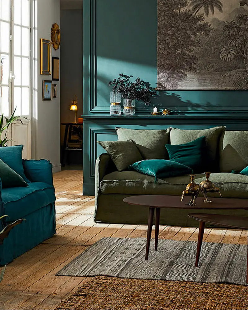 deco salon bleu canard noir tropical