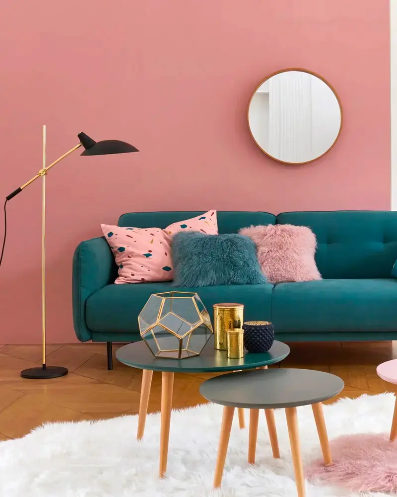 deco salon bleu canard rose scandinave