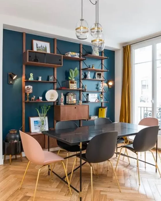 deco salle a manger vintage bleu canard dore