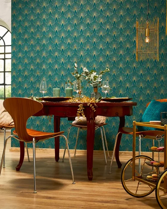deco sale a manger papier peint bleu canard dore