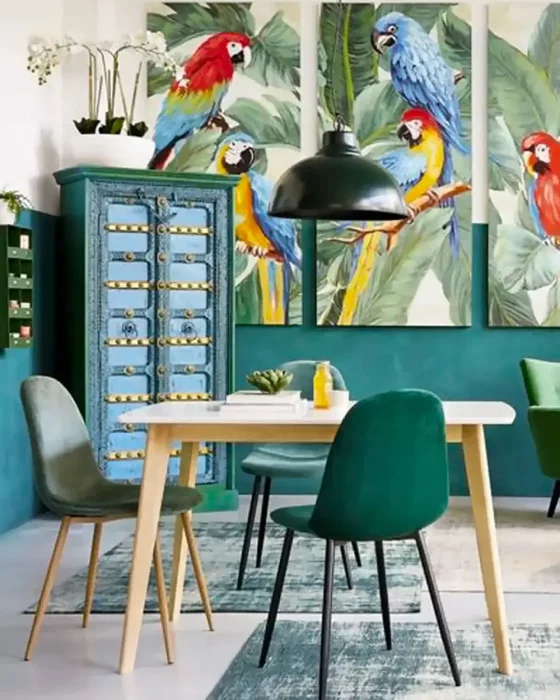 deco salle a manger tropicale bleu vert