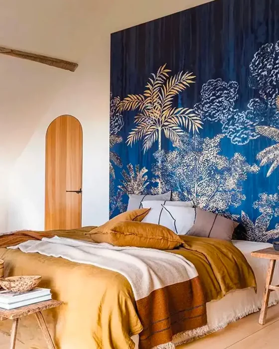 deco chambre tropicale papier peint bleu