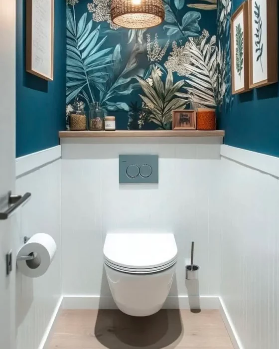 deco toilettes wc papier peint bleu canard tropical