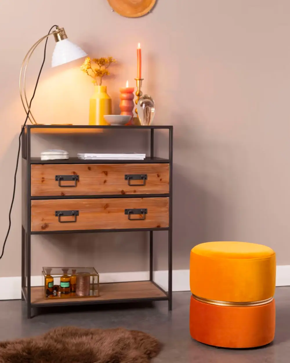 tabouret orange velours dore