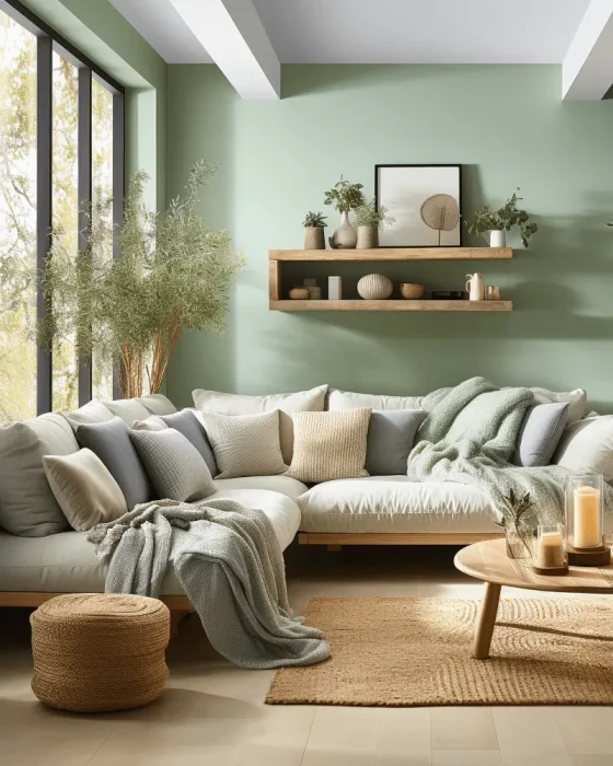 deco salon vert blanc bois