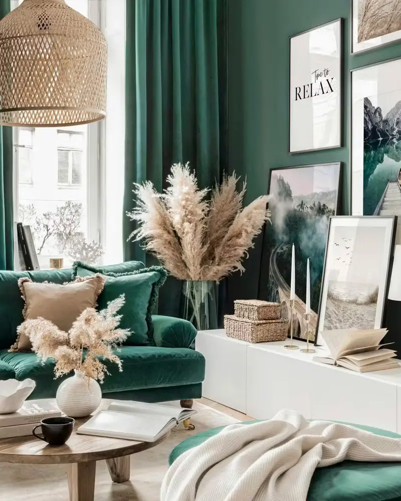 deco salon boheme chic vert blanc