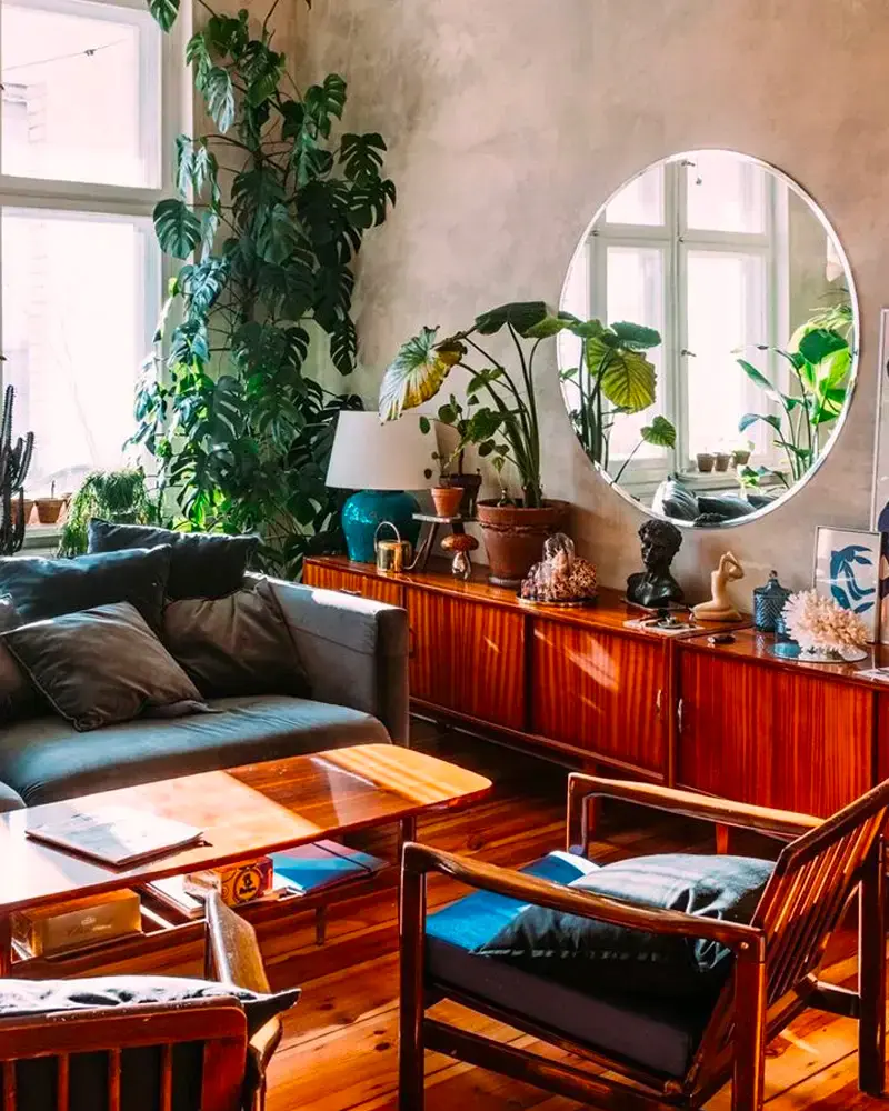 deco salon scandinave vintage bois fonce