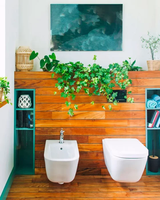 deco toilettes tropicales bois plantes