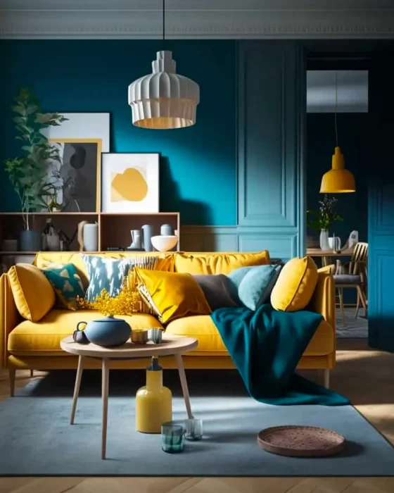 deco salon moderne bleu canard jaune