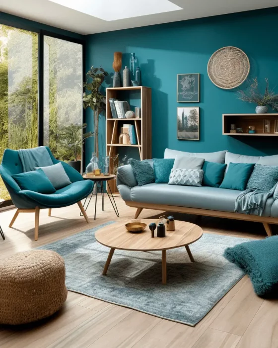 deco salon scandinave bleu canard bois