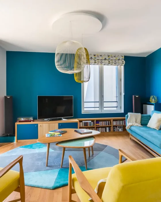 deco salon vintage bleu canard jaune